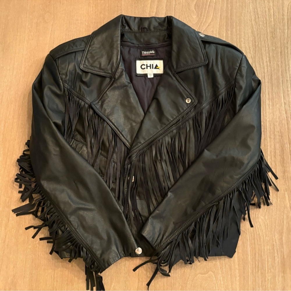 Vintage 80s CHIA Black Leather Fringe Western Jacket Women’s L l Made in Korea